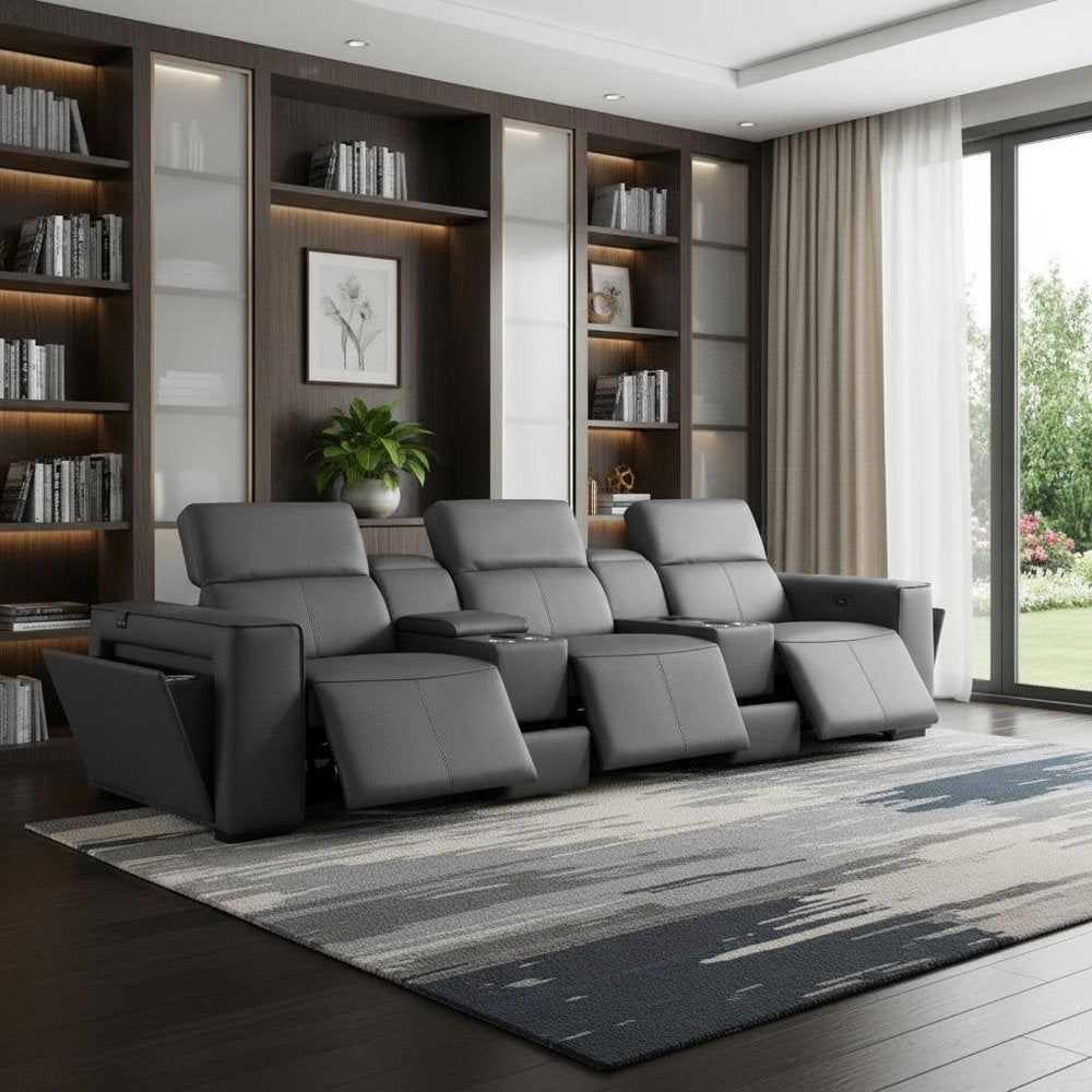 Beige Top Grain Leather Reclining Metal USB Sofa - 130-inch