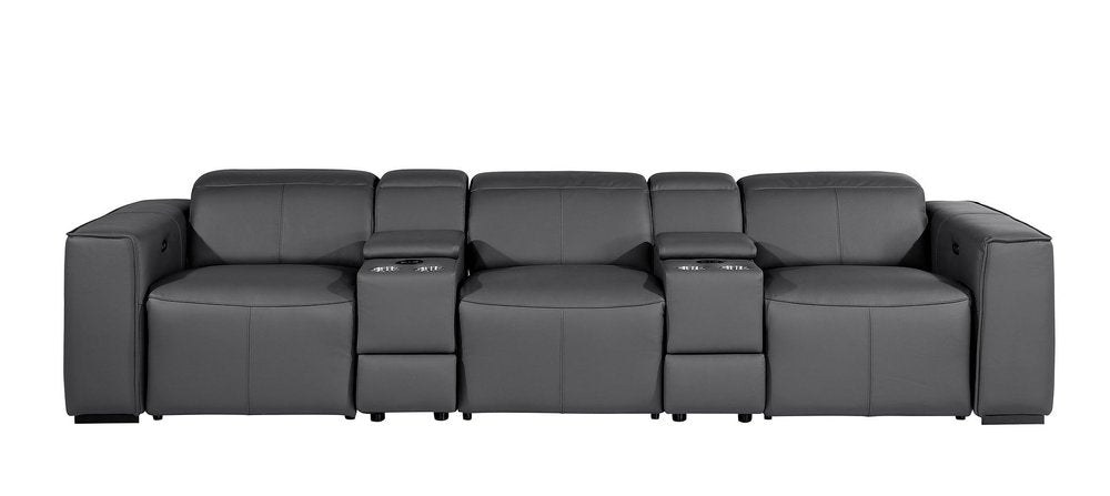 Beige Top Grain Leather Reclining Metal USB Sofa - 130-inch