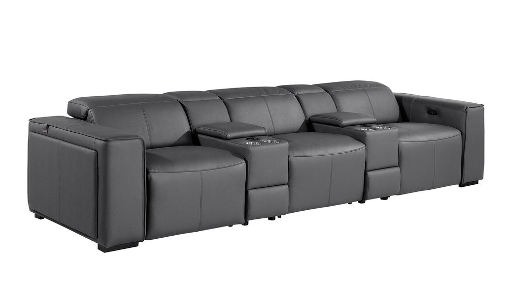 Beige Top Grain Leather Reclining Metal USB Sofa - 130-inch