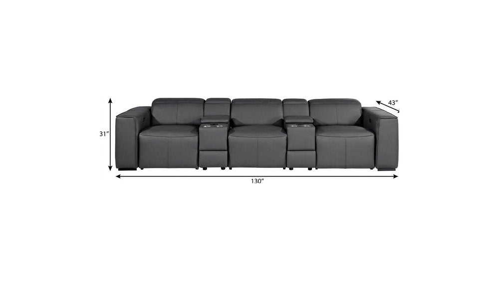 Beige Top Grain Leather Reclining Metal USB Sofa - 130-inch