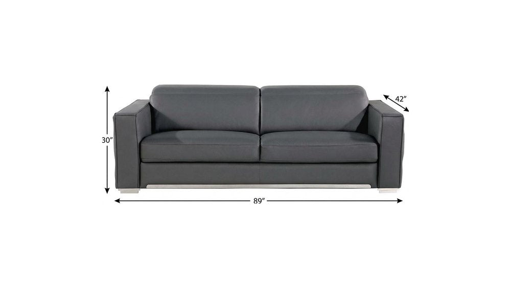 Dark Gray Top Grain Leather Reclining Solid Wood Sofa - 89-inch