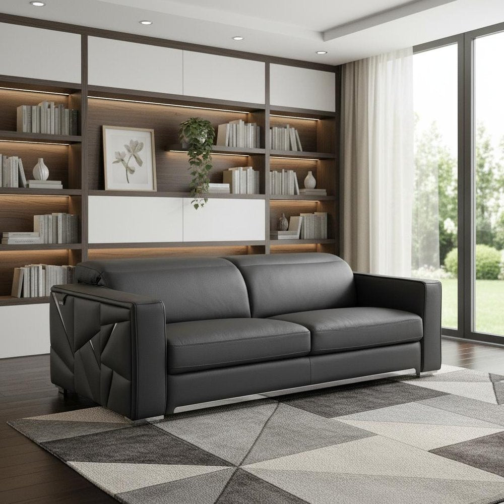 Dark Gray Top Grain Leather Reclining Solid Wood Sofa - 89-inch