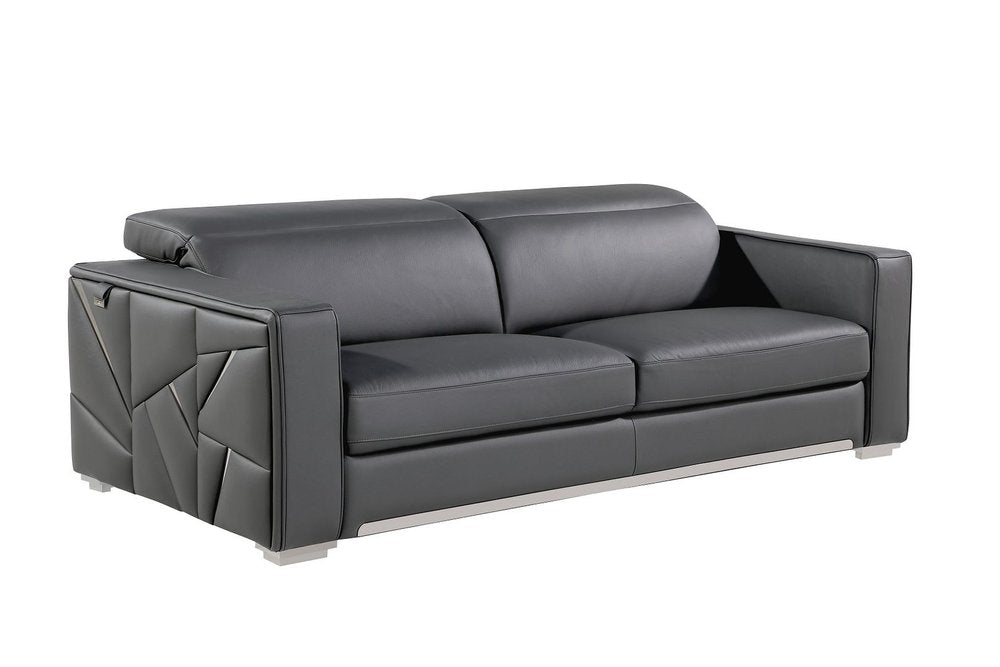 Dark Gray Top Grain Leather Reclining Solid Wood Sofa - 89-inch