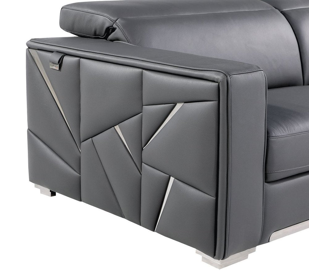 Dark Gray Top Grain Leather Reclining Solid Wood Sofa - 89-inch