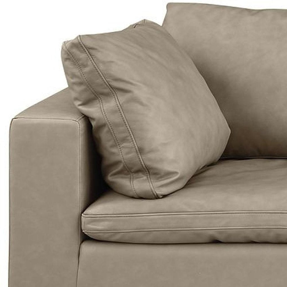 Beige Top Grain Leather Reclining Solid Wood Sofa - 122-inch