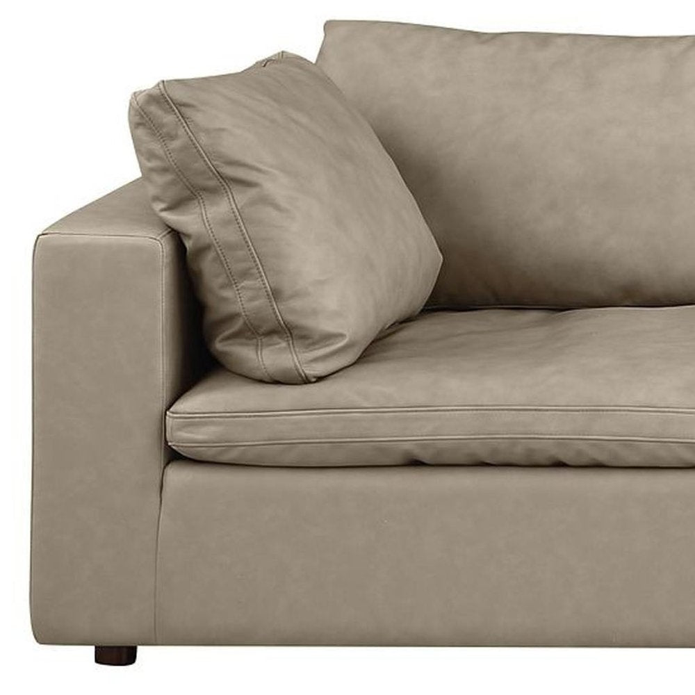 Beige Top Grain Leather Reclining Solid Wood Sofa - 122-inch