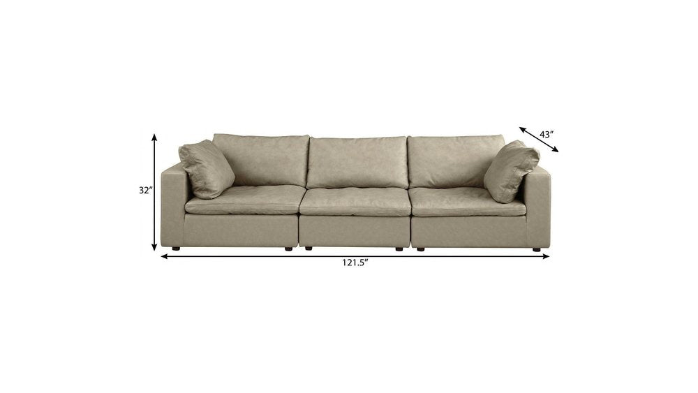 Beige Top Grain Leather Reclining Solid Wood Sofa - 122-inch