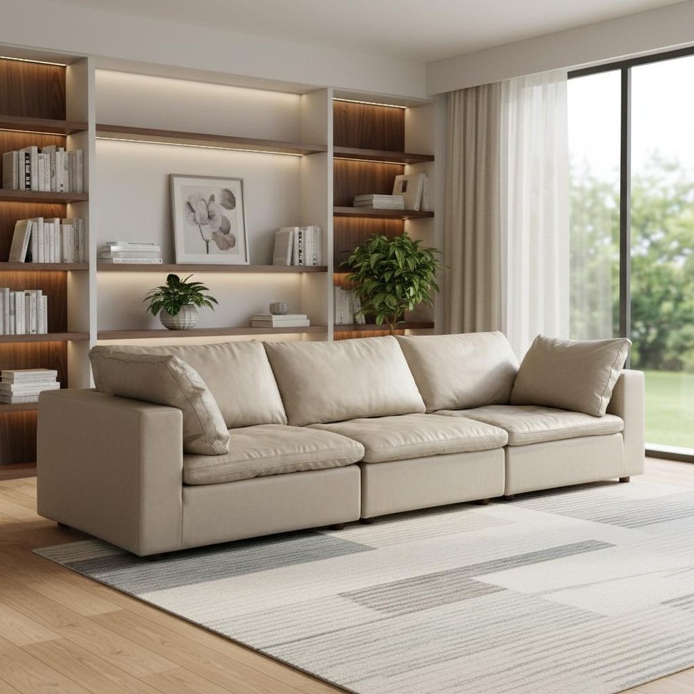 Beige Top Grain Leather Reclining Solid Wood Sofa - 122-inch