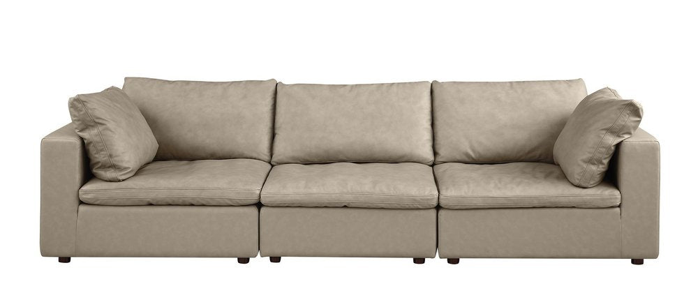 Beige Top Grain Leather Reclining Solid Wood Sofa - 122-inch