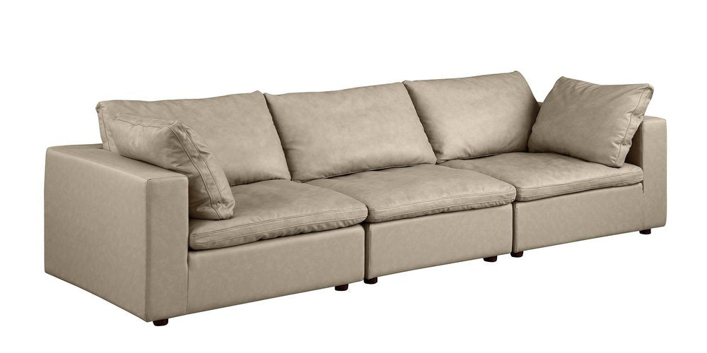Beige Top Grain Leather Reclining Solid Wood Sofa - 122-inch
