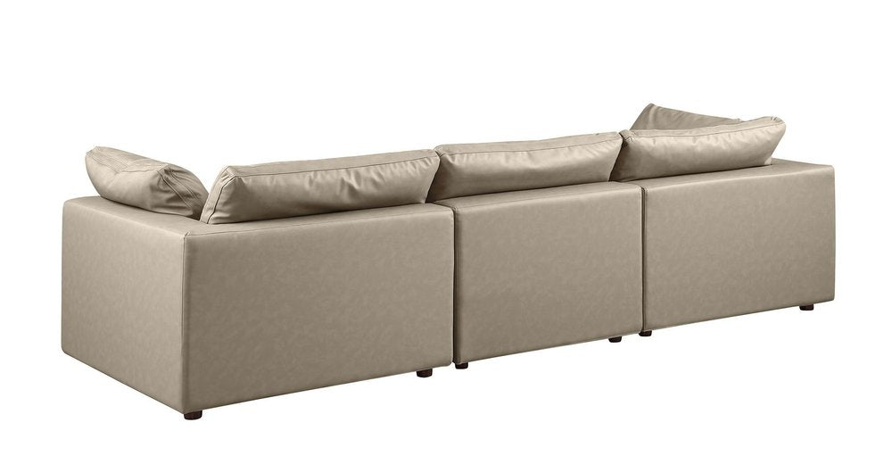 Beige Top Grain Leather Reclining Solid Wood Sofa - 122-inch