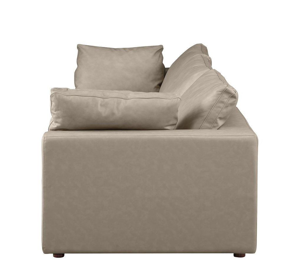 Beige Top Grain Leather Reclining Solid Wood Sofa - 122-inch