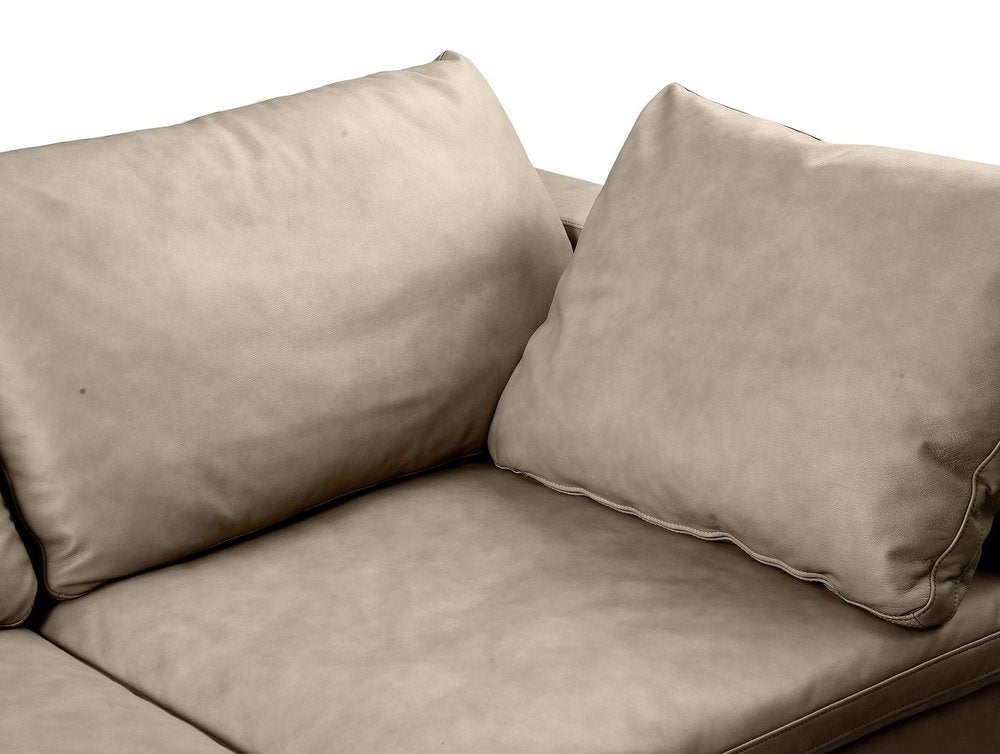 Beige Top Grain Leather Reclining Solid Wood Sofa - 122-inch