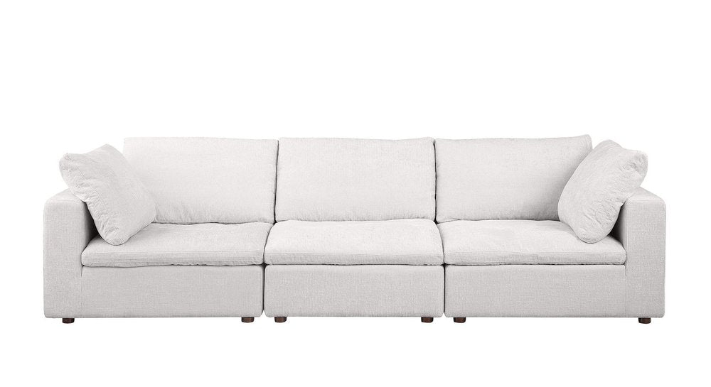 Beige Top Grain Leather Reclining Solid Wood Sofa - 122-inch