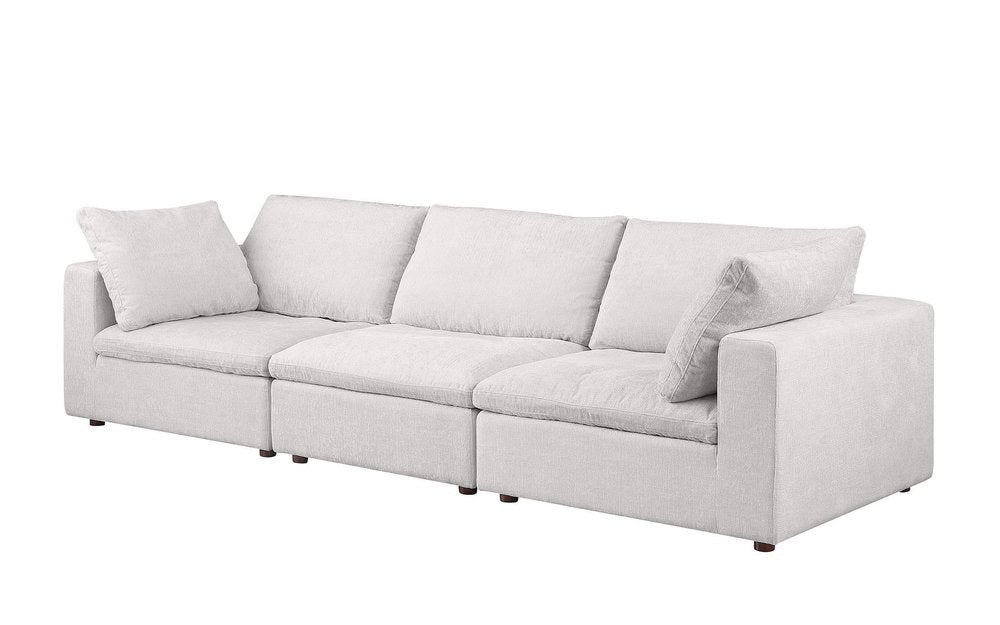 Beige Top Grain Leather Reclining Solid Wood Sofa - 122-inch