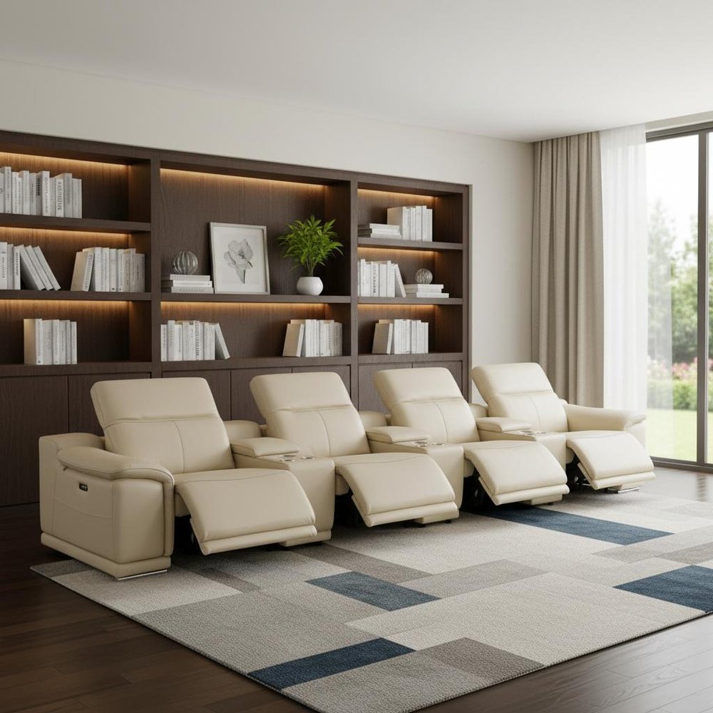 Beige Italian Leather Reclining Metal USB Sofa - 175-inch
