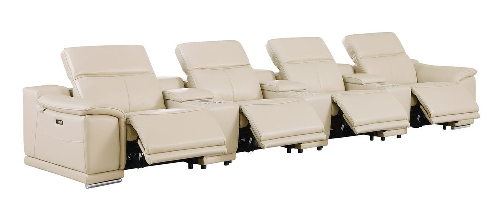 Beige Italian Leather Reclining Metal USB Sofa - 175-inch