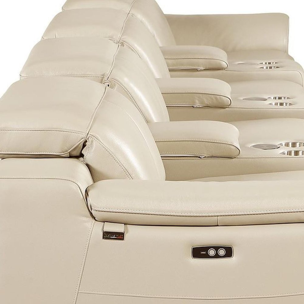 Beige Italian Leather Reclining Metal USB Sofa - 175-inch