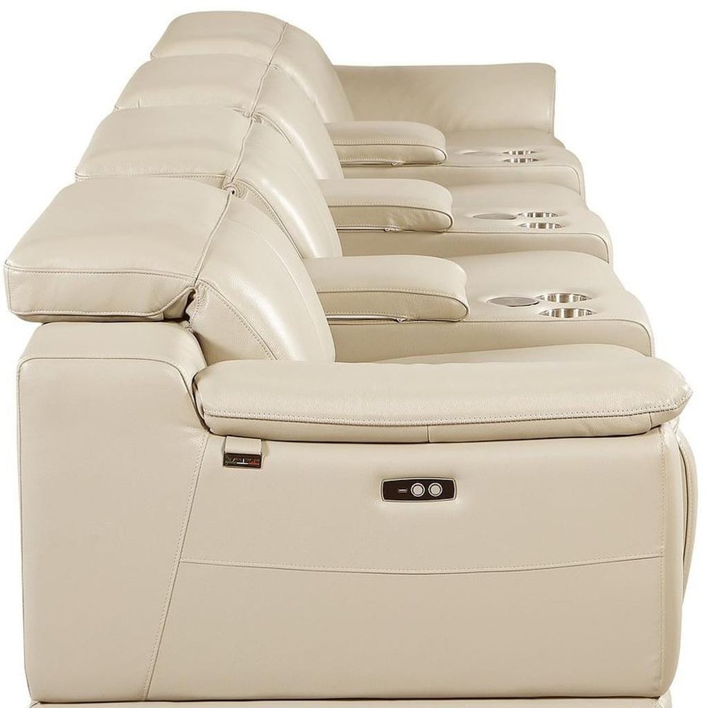 Beige Italian Leather Reclining Metal USB Sofa - 175-inch