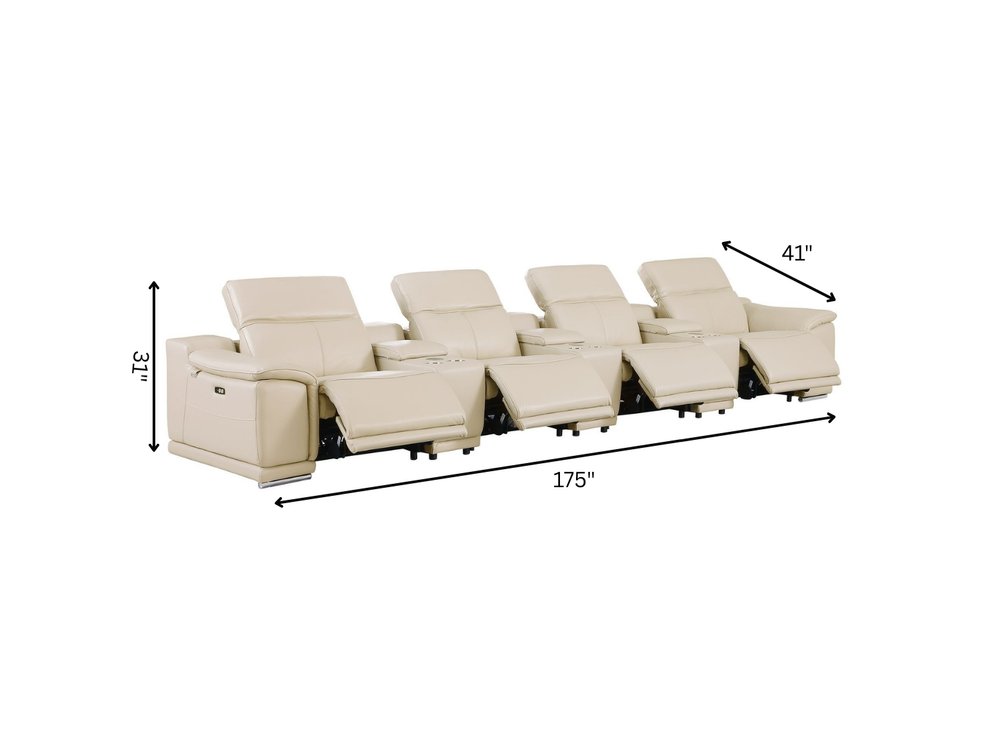 Beige Italian Leather Reclining Metal USB Sofa - 175-inch