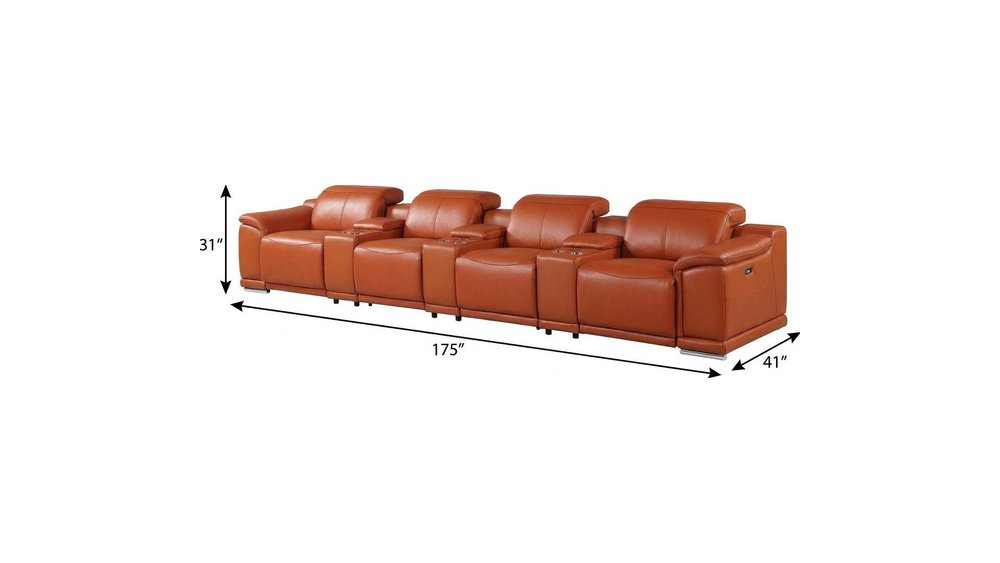Beige Italian Leather Reclining Metal USB Sofa - 175-inch