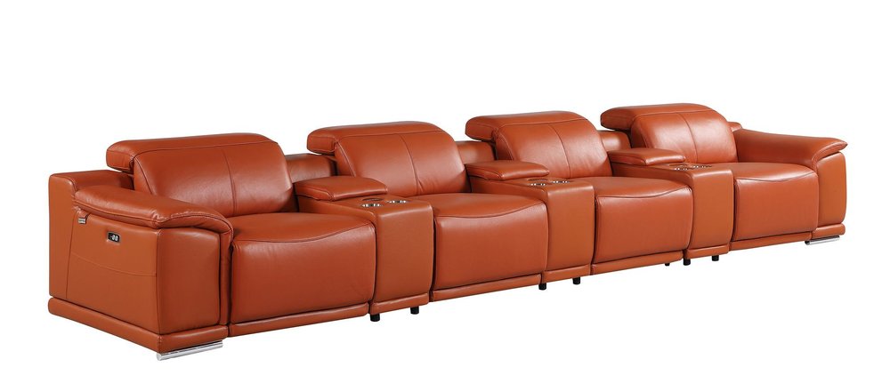 Beige Italian Leather Reclining Metal USB Sofa - 175-inch