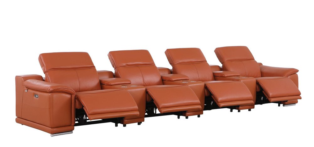 Beige Italian Leather Reclining Metal USB Sofa - 175-inch