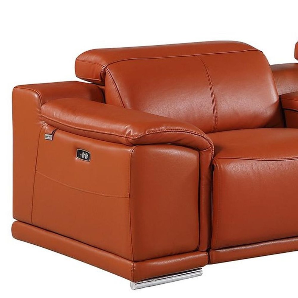Beige Italian Leather Reclining Metal USB Sofa - 175-inch