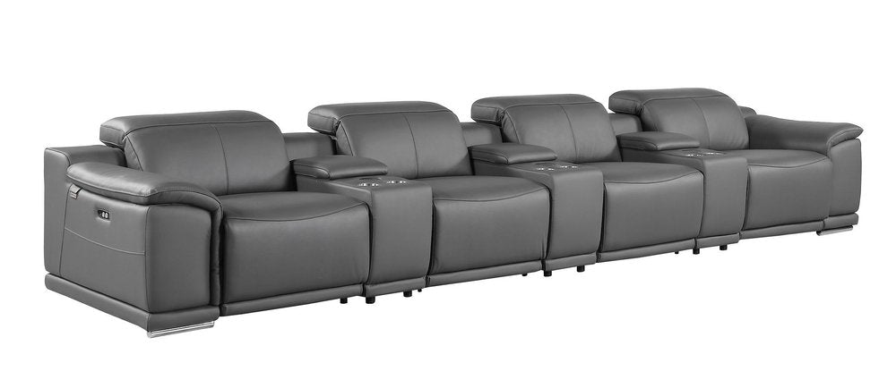 Beige Italian Leather Reclining Metal USB Sofa - 175-inch