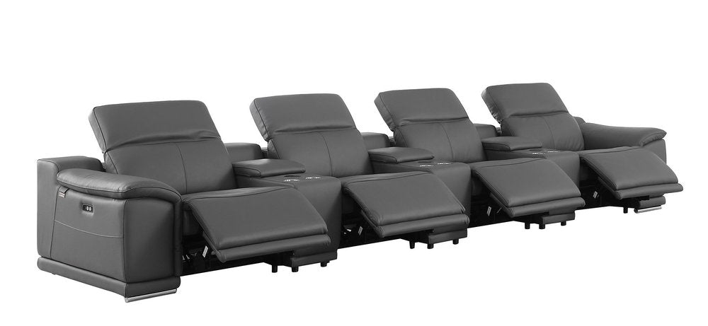 Beige Italian Leather Reclining Metal USB Sofa - 175-inch