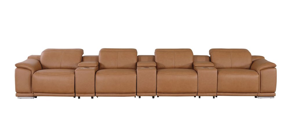 Beige Italian Leather Reclining Metal USB Sofa - 175-inch