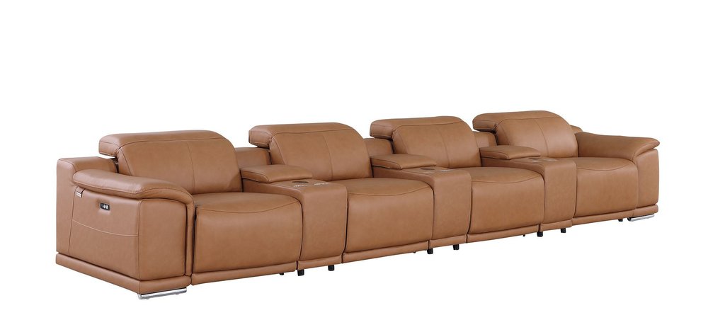 Beige Italian Leather Reclining Metal USB Sofa - 175-inch