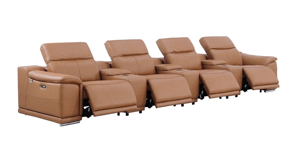 Beige Italian Leather Reclining Metal USB Sofa - 175-inch