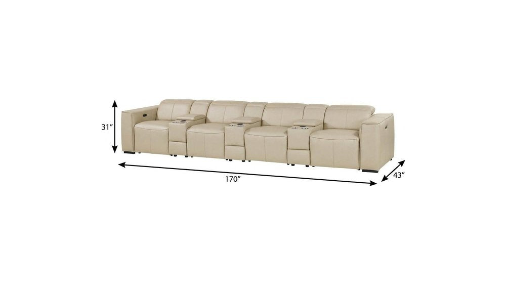 Beige Top Grain Leather Reclining Metal USB Sofa - 170-inch