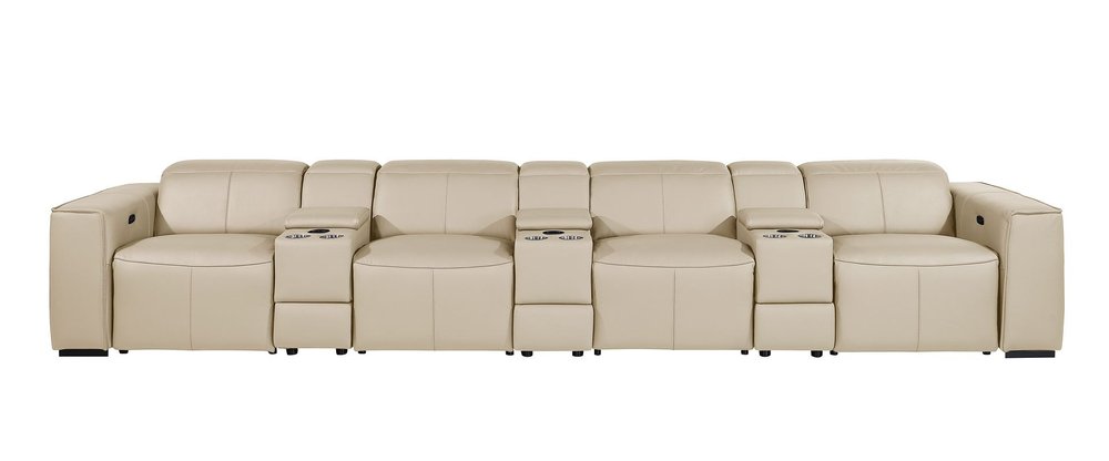 Beige Top Grain Leather Reclining Metal USB Sofa - 170-inch
