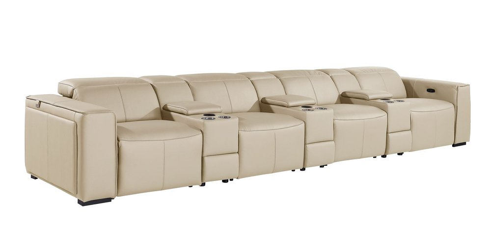 Beige Top Grain Leather Reclining Metal USB Sofa - 170-inch