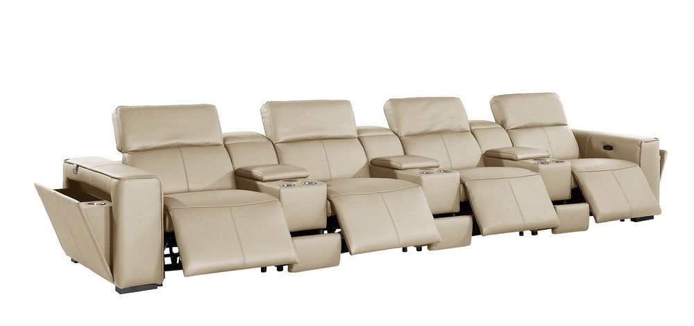 Beige Top Grain Leather Reclining Metal USB Sofa - 170-inch