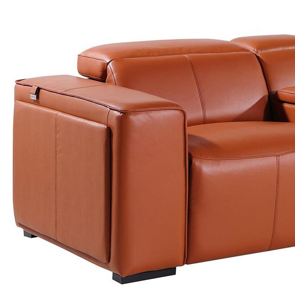 Beige Top Grain Leather Reclining Metal USB Sofa - 170-inch