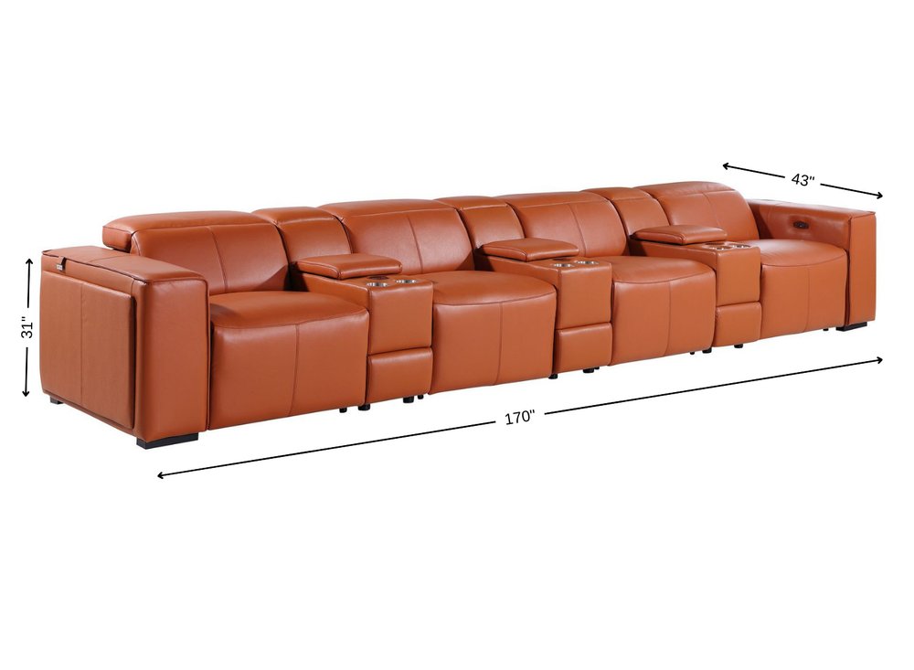 Beige Top Grain Leather Reclining Metal USB Sofa - 170-inch