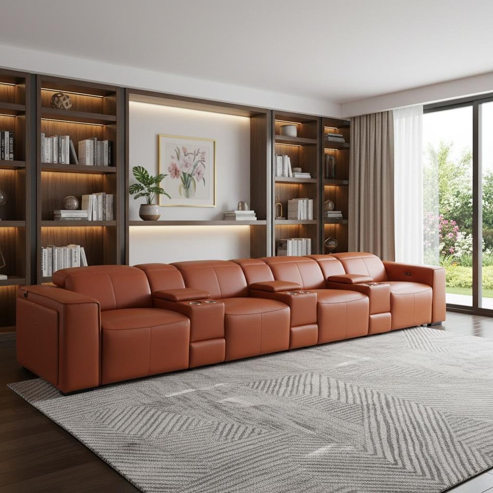Beige Top Grain Leather Reclining Metal USB Sofa - 170-inch