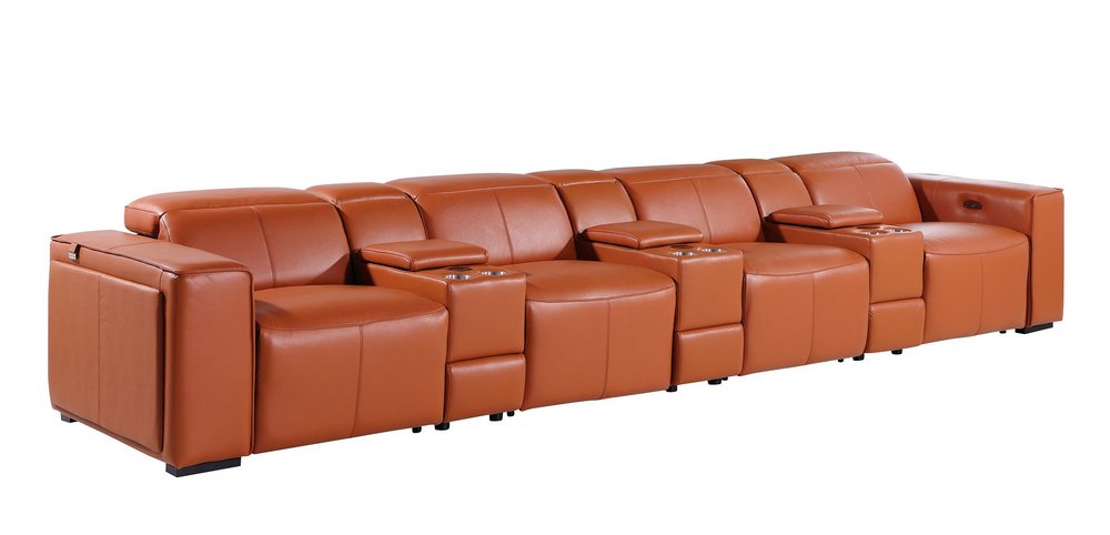 Beige Top Grain Leather Reclining Metal USB Sofa - 170-inch