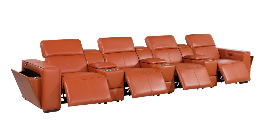 Beige Top Grain Leather Reclining Metal USB Sofa - 170-inch