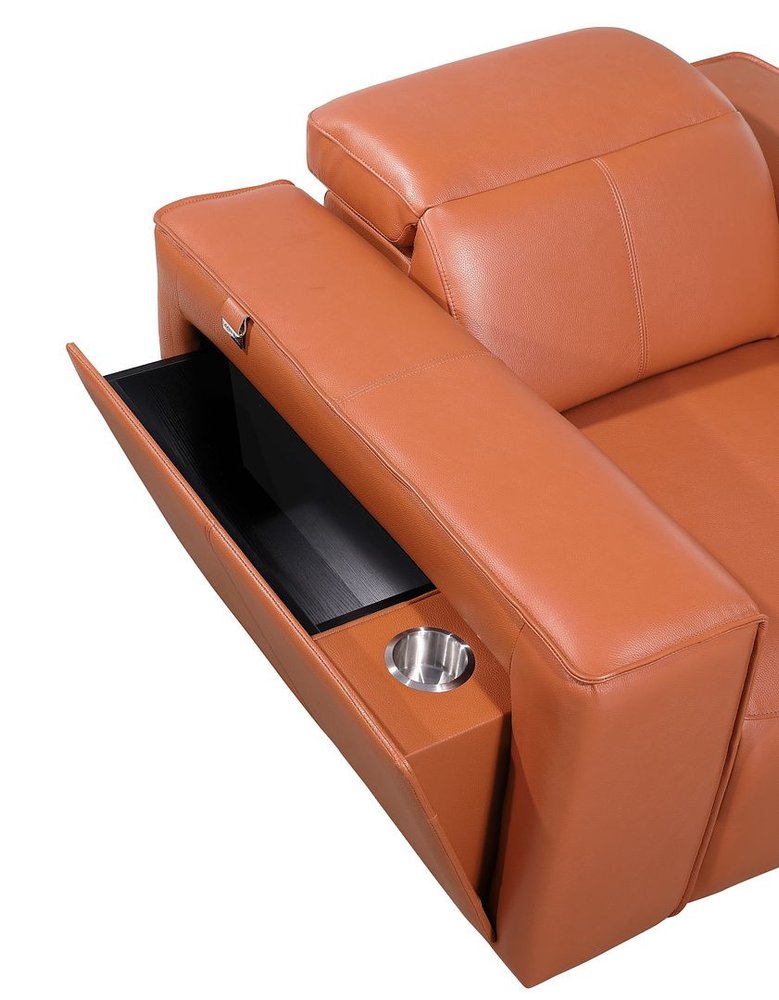 Beige Top Grain Leather Reclining Metal USB Sofa - 170-inch