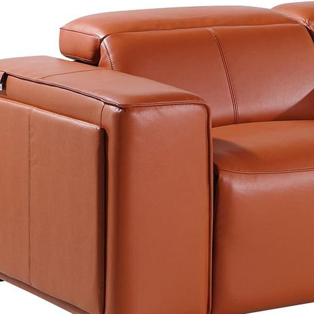 Beige Top Grain Leather Reclining Metal USB Sofa - 170-inch