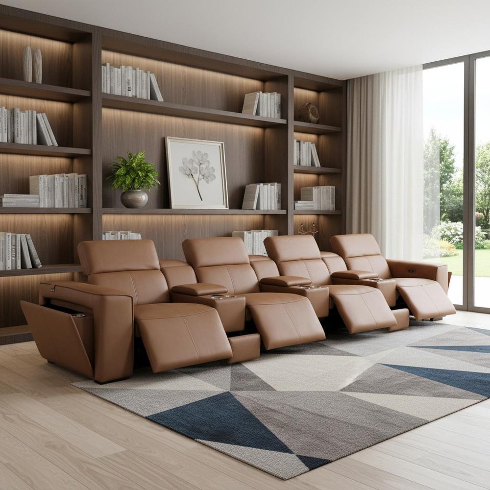 Beige Top Grain Leather Reclining Metal USB Sofa - 170-inch