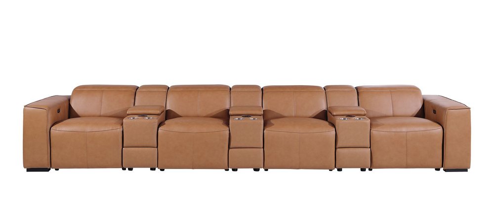 Beige Top Grain Leather Reclining Metal USB Sofa - 170-inch