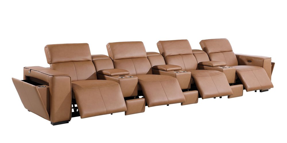 Beige Top Grain Leather Reclining Metal USB Sofa - 170-inch