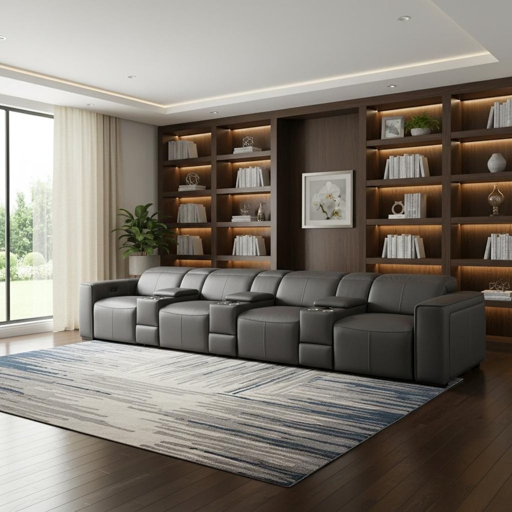 Beige Top Grain Leather Reclining Metal USB Sofa - 170-inch
