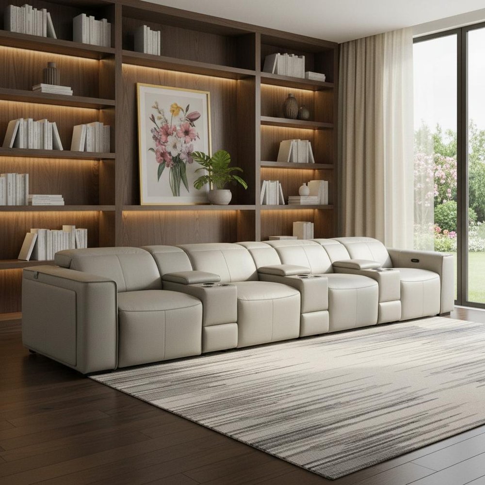 Beige Top Grain Leather Reclining Metal USB Sofa - 170-inch