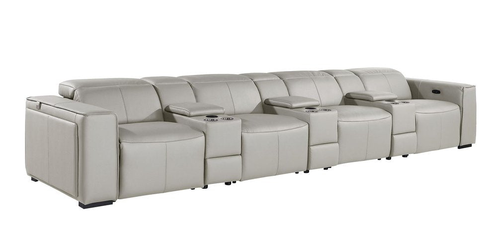 Beige Top Grain Leather Reclining Metal USB Sofa - 170-inch